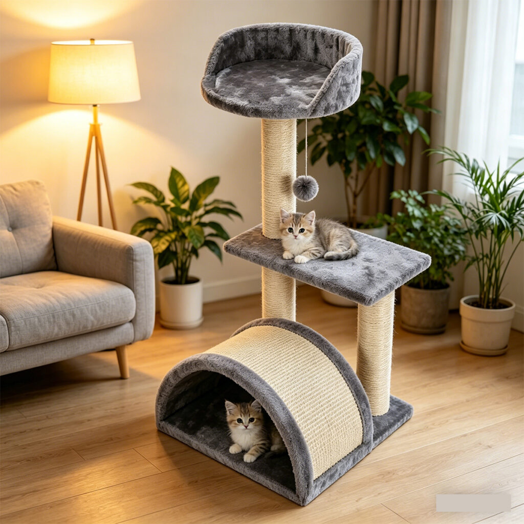 SZHD-SP1003-09 Multi-Level Cat Tree with Tunnel and Perches - Cat Exploring and Napping in Living Room