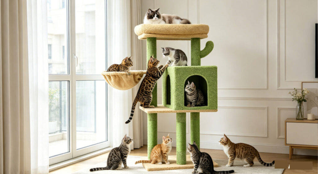 Green cactus-shaped multi-level cat tree with condo, hammock, and scratching posts, with multiple cats playing and resting