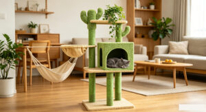 Stylish cactus-shaped cat tree with a private condo, hanging hammock, and sisal posts, blending seamlessly with modern home decor
