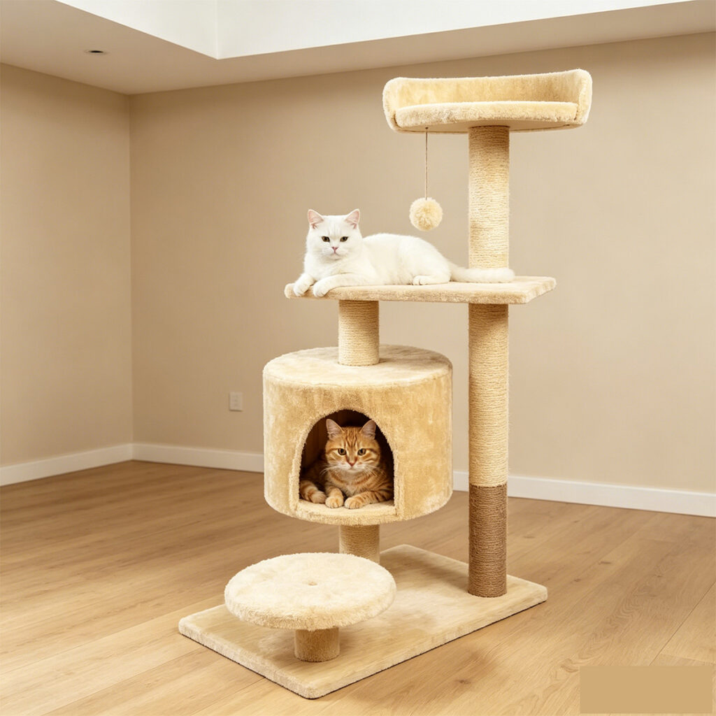 SZHD-SP1003-10 Multi-Level Cat Tree with Condo and Perches - Cat Exploring and Napping in Living Room