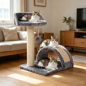 SZHD-SP1003-08 Cat Tree with Tunnel and Perch - Cat Using Sisal Post in Living Room