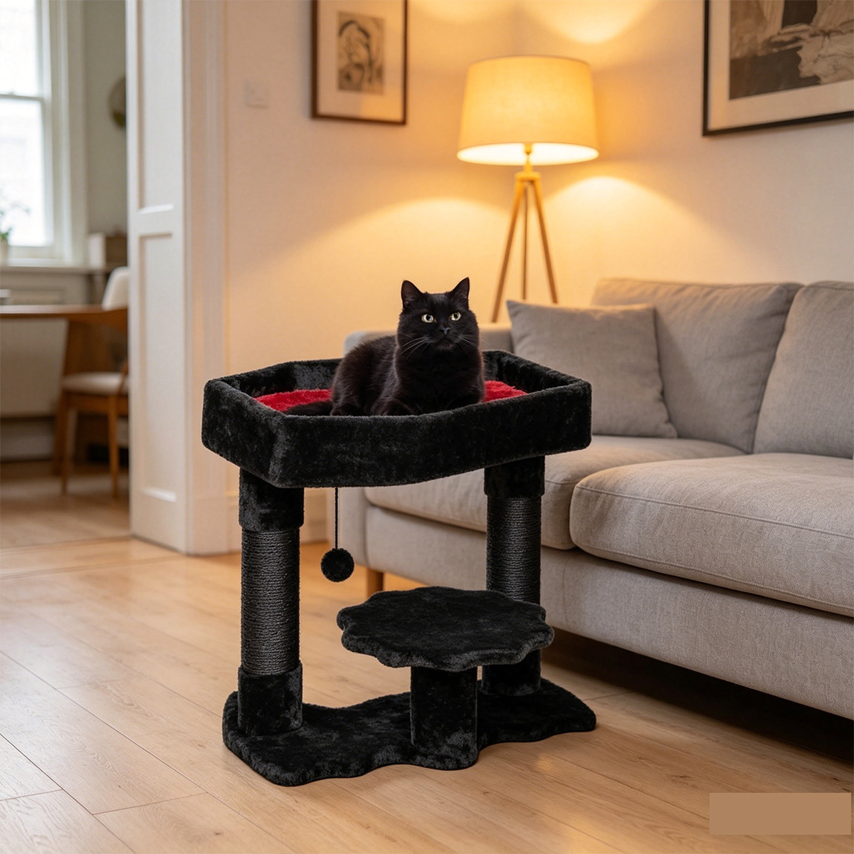 SZHD-SP1003-11 Cat Tree with Top Bed and Perches - Cat Napping and Playing in Living Room
