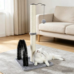 SZHD-SP1003-06 Cat Scratching Post with Grooming Brush, White Cat Rubbing Against Sisal Post in Home Setting