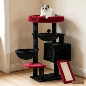 SZHD-SP1003-12 Multi-Level Cat Tree with Condo, Hammocks & Perches - Cat Exploring and Napping in Living Room