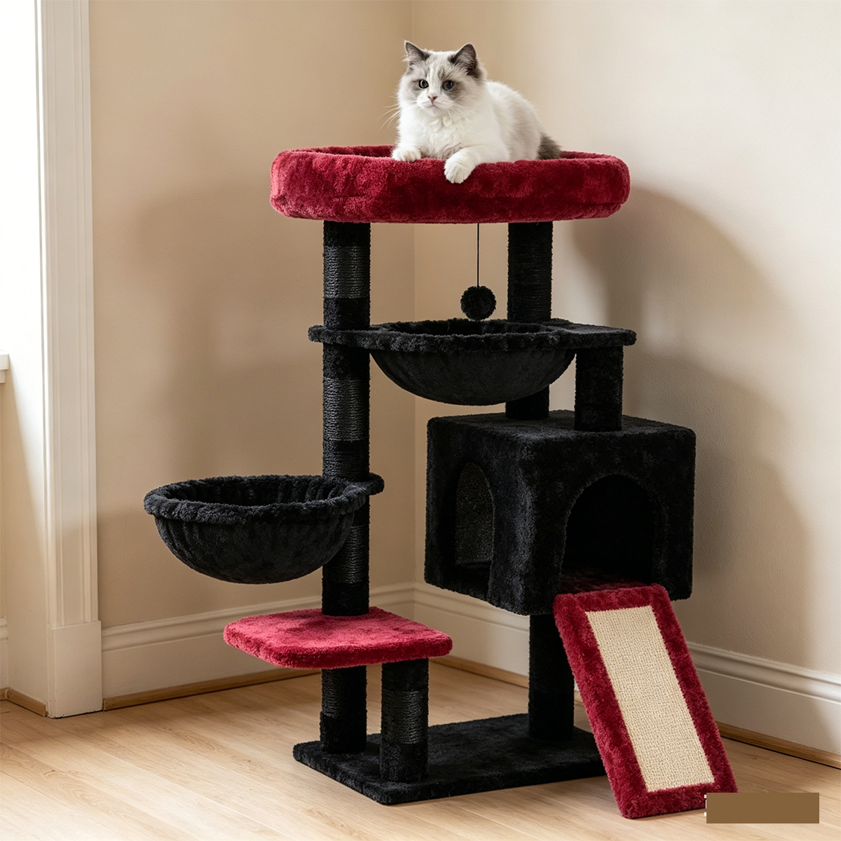 SZHD-SP1003-12 Multi-Level Cat Tree with Condo, Hammocks & Perches - Cat Exploring and Napping in Living Room