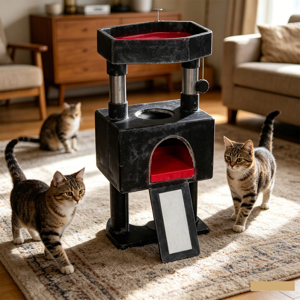 SZHD-SP1003-13 Cat Tree with Condo and Top Bed - Cat Exploring and Napping in Living Room