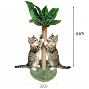 SZHD-SP1003-03 sisal cat scratching post with artificial leaves, kitten playing with vertical cat scratcher with hanging toy