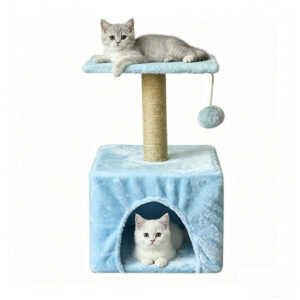 SZHD-SP1003-04 cat tree condo, kitten resting on the perch of small blue cat tower with scratching post and cave house