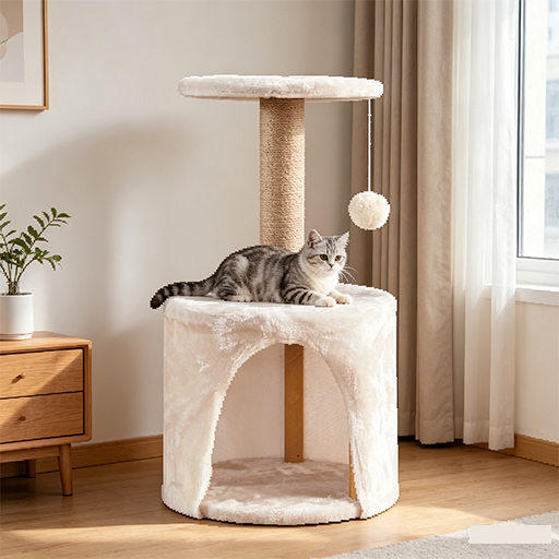 SZHD-SP1003-07 Cat Using Sisal Scratching Post with Condo, Indoor Home Scene with White Cat Resting on Platform