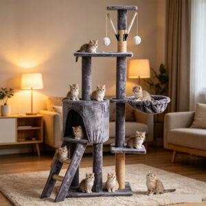 SZHD-SP1003-15 Tall Cat Tree with Condo, Hammock & Perches - Cat Exploring and Napping in Living Room