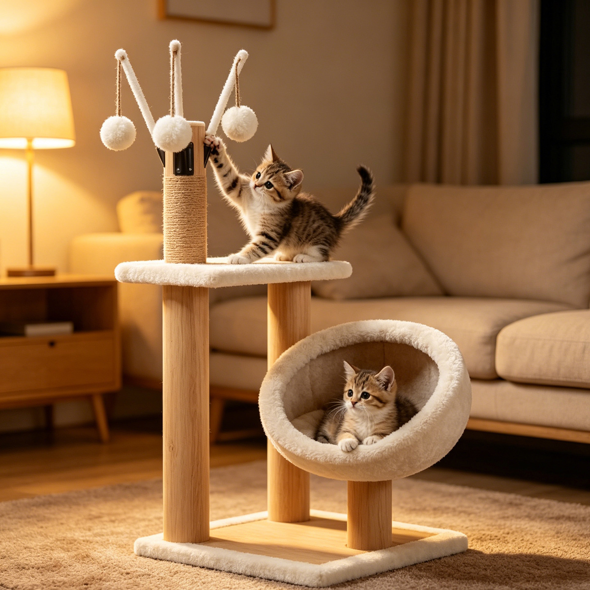 Wholesale Custom Compact Cat Tree, New China Design, Sisal Scratching Post, Plush Round Nest, Top Fluff Platform, Hanging Pom-pom Toys, Warm Living Room Lifestyle Photo with Two Kittens
