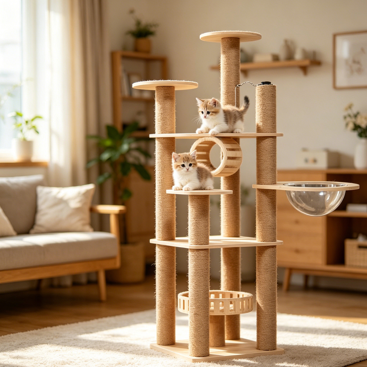 Wholesale multi-layer solid wood cat tree with full sisal scratching posts, space capsule hammock, tunnel nest and hanging toy ball for pet wholesale
