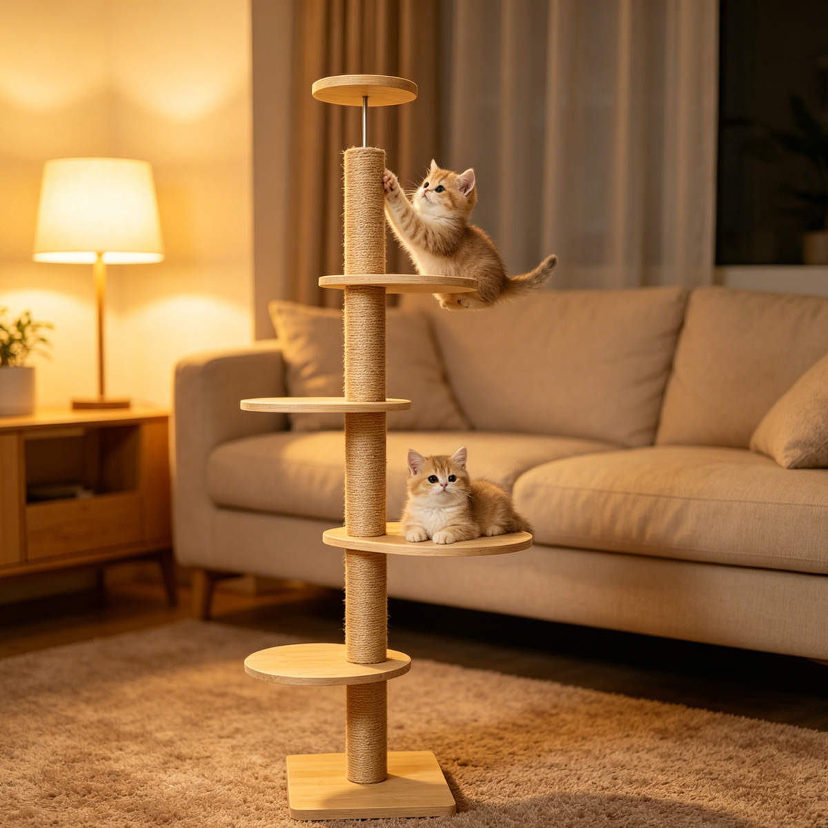 SZHD-SP5001-10 Floor-to-Ceiling Cat Tree with Two Cats Playing, 6-Tier Solid Wood Cat Tower in Living Room