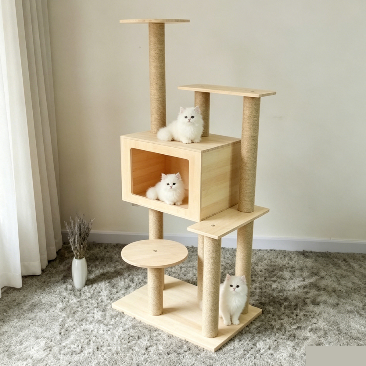 Wholesale custom multi-layer solid wood floor-to-ceiling cat tree, natural sisal scratching posts with enclosed cat house and multiple resting platforms for pet shop wholesale