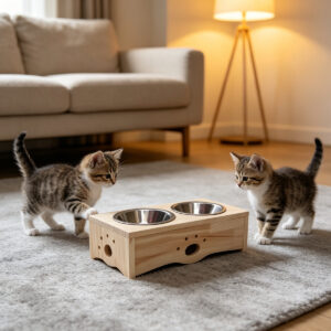 SZHD-SP5001-12 Elevated Cat Feeding Station with Two Kittens Eating in a Cozy Living Room