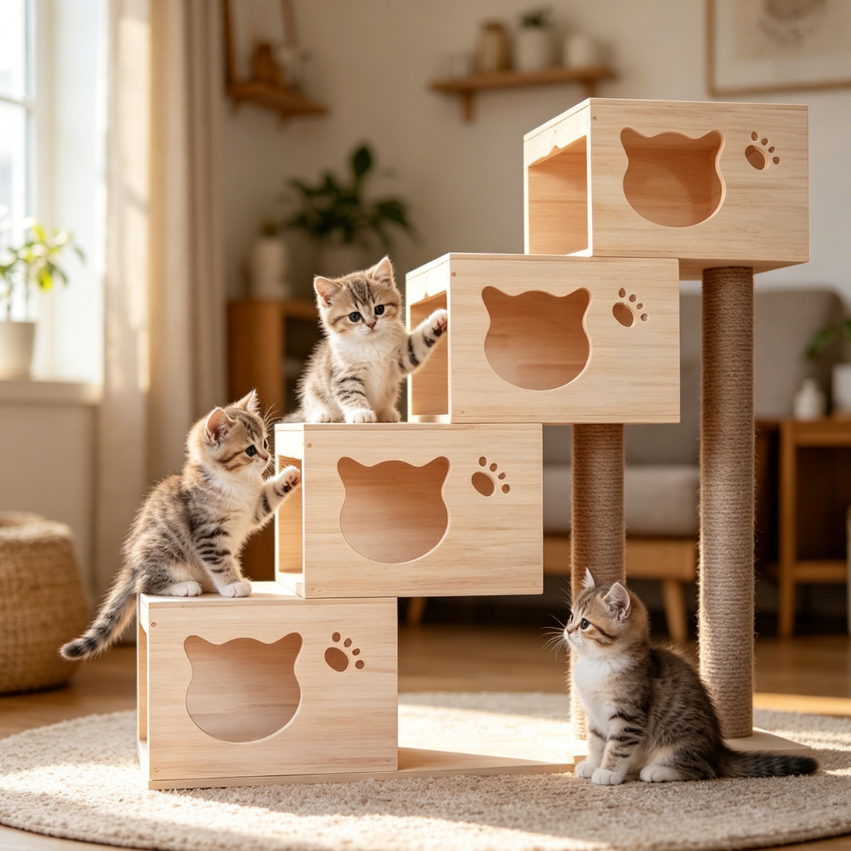 Wholesale custom step-up solid wood cat tree with four cat head condos and double natural sisal scratching posts for pet store wholesale supply