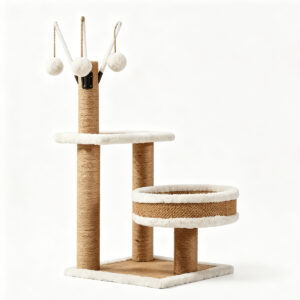 SZHD-SP2001-06 Compact Cat Tree with Sisal Posts, Cozy Bed & Hanging Toys - White Background