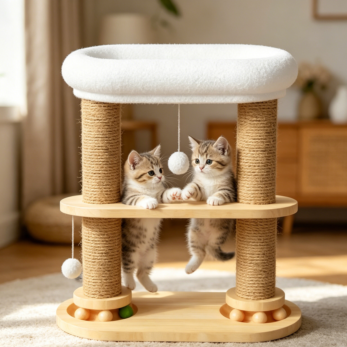 SZHD-SP5001-14 Double Post Cat Tree in Living Room with Two Kittens Playing