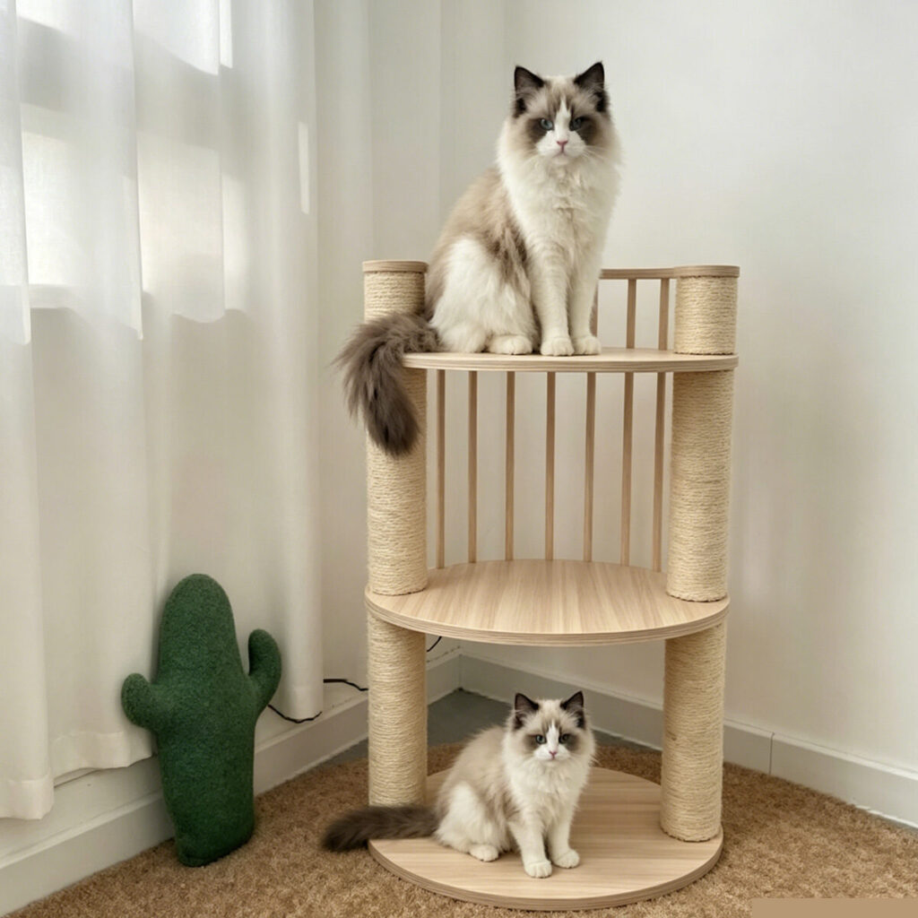 Wholesale custom multi-layer circular solid wood cat tree, natural sisal scratching posts with guardrail platform for pet shop and pet supplies