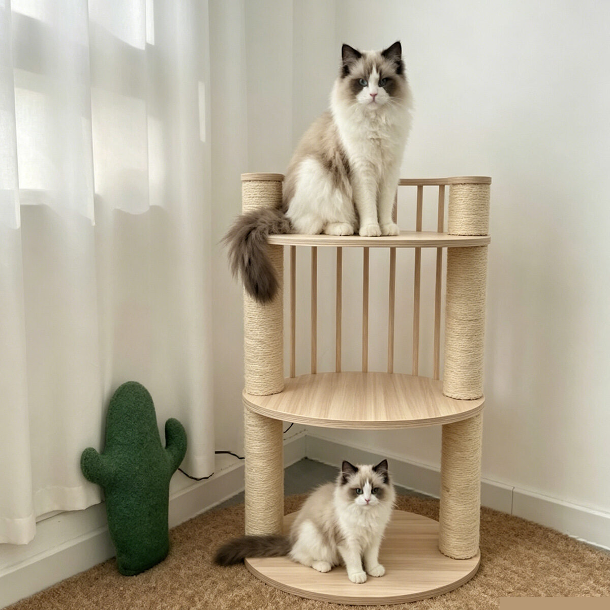 Wholesale custom multi-layer circular solid wood cat tree, natural sisal scratching posts with guardrail platform for pet shop and pet supplies