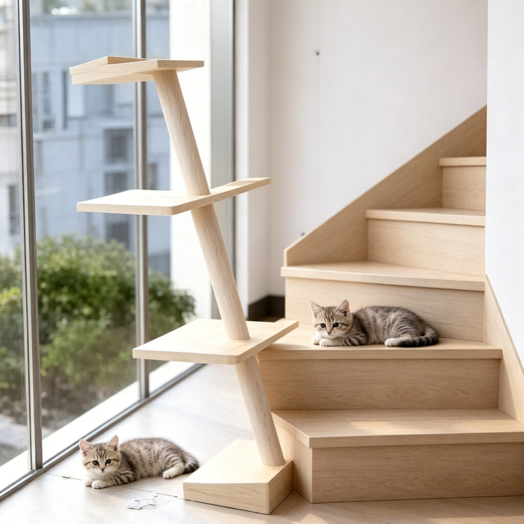 Wholesale custom single diagonal solid wood cat tree, three-layer staggered platform cat tower for pet shop and pet supplies
