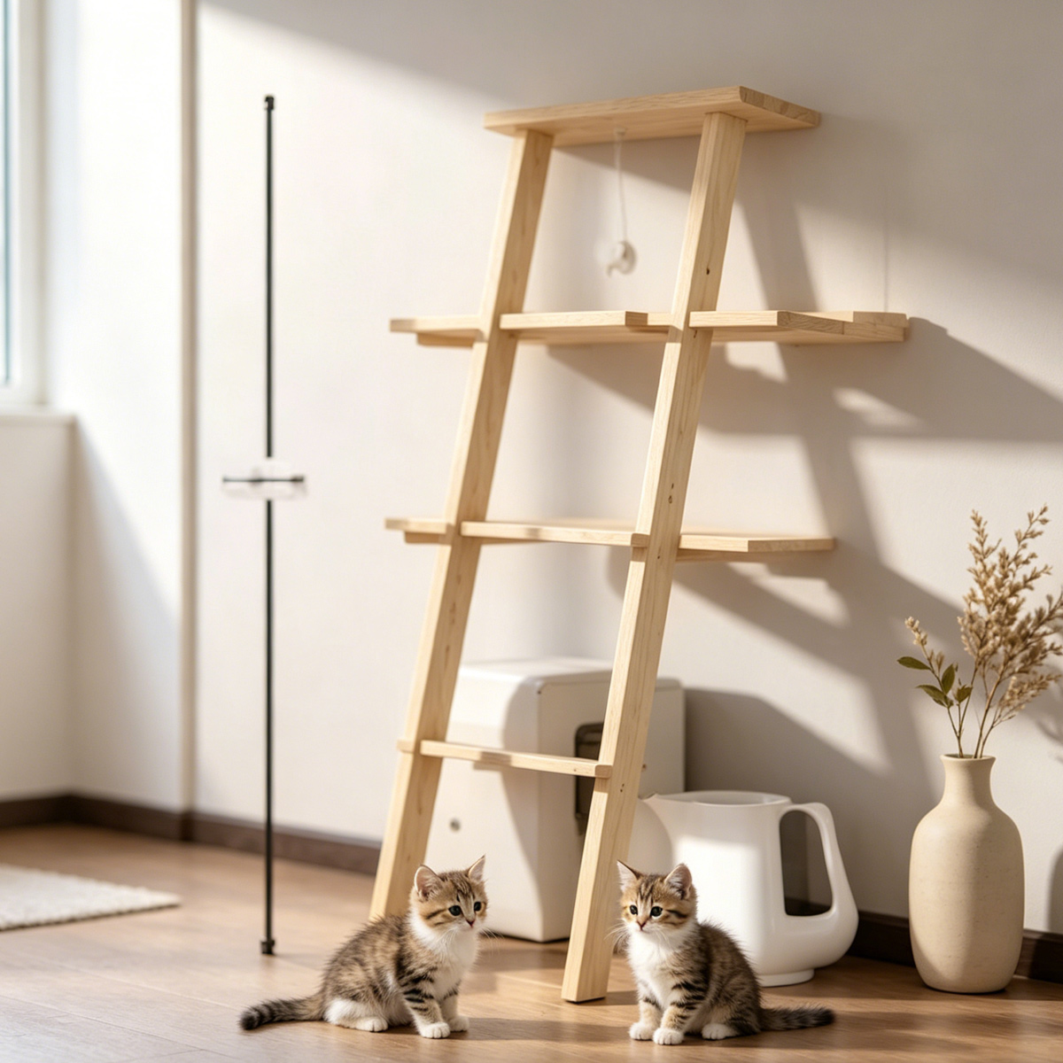 Wholesale custom double ladder solid wood cat tree, multi-layer open storage cat tower with resting platforms for pet shop and pet supplies