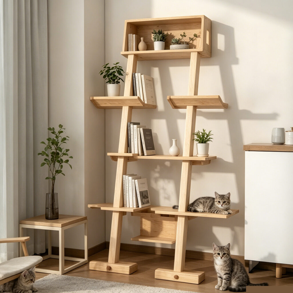 Wholesale custom double solid wood cat tree bookshelf, multi-layer storage shelf cat tower with resting platforms for pet shop and pet supplies