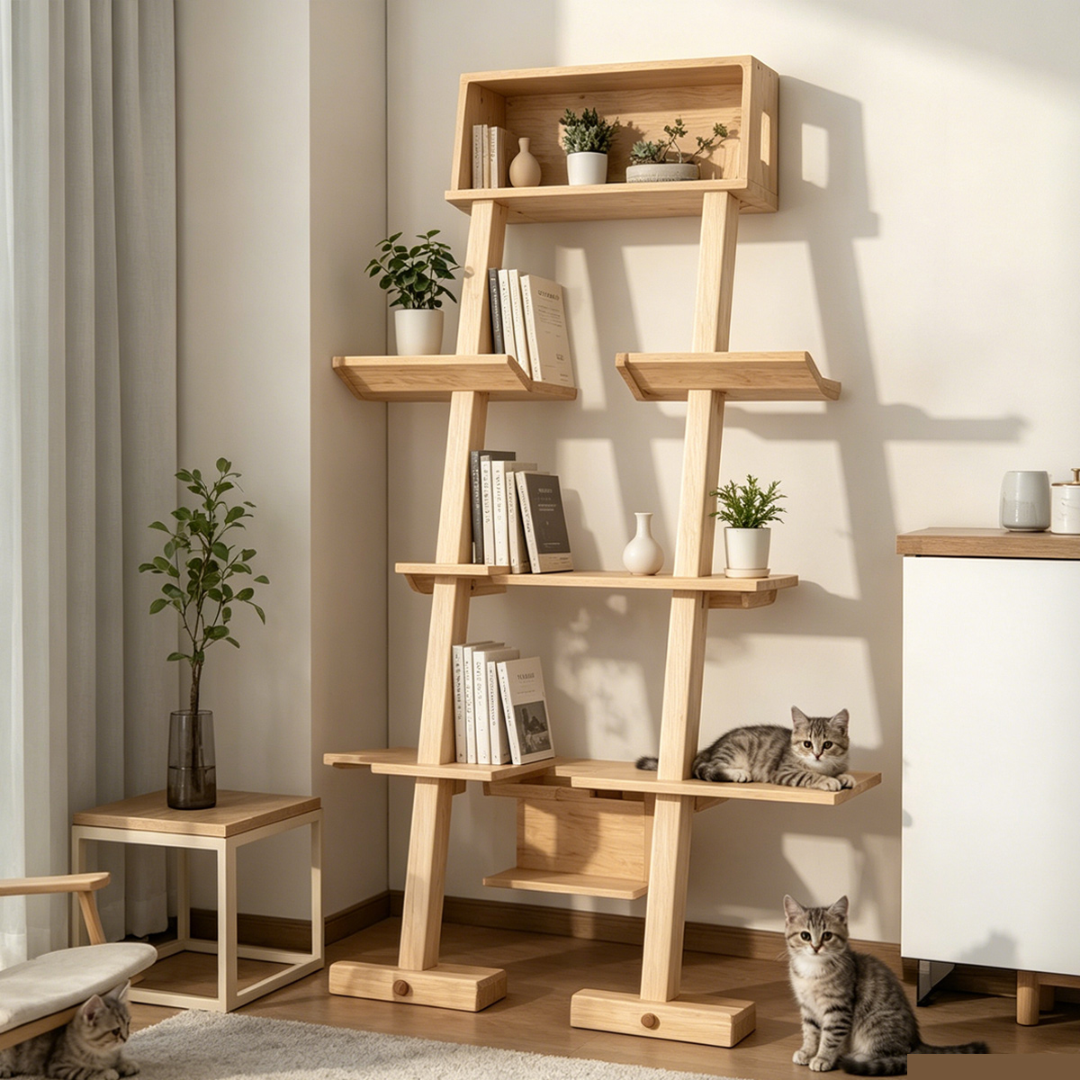Wholesale custom double solid wood cat tree bookshelf, multi-layer storage shelf cat tower with resting platforms for pet shop and pet supplies