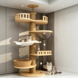 SZHD-SP6001-05 Floor-to-Ceiling Cat Tree in Home Setting, 255-265cm Adjustable Tall Cat Tower with Two Cats Playing on Multi-Level Platforms