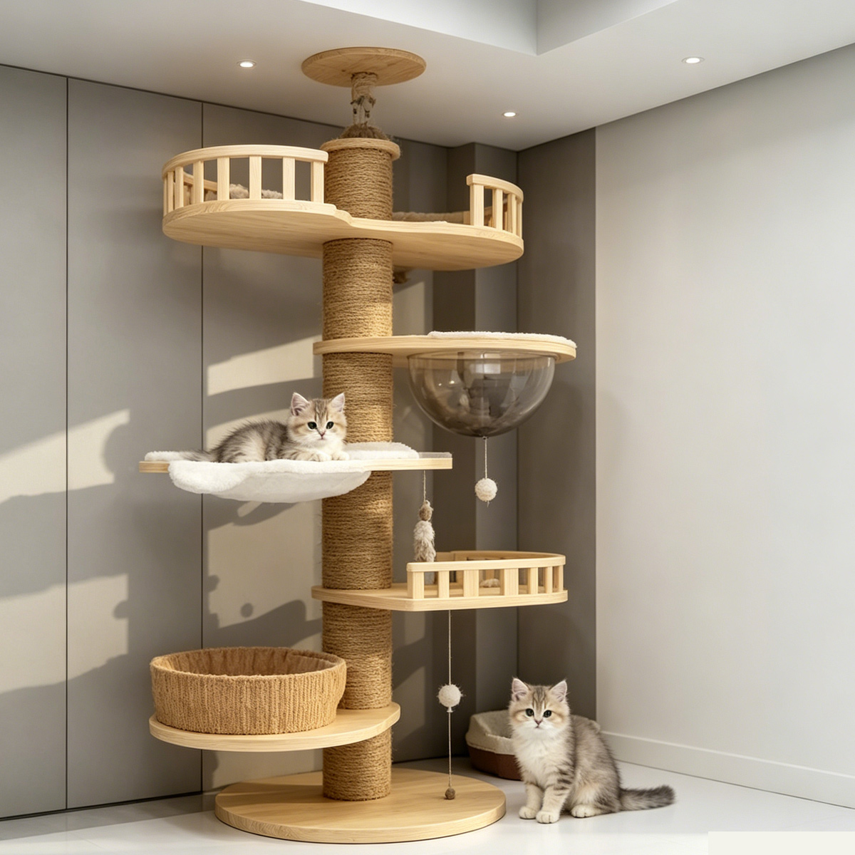 Wholesale custom floor-to-ceiling solid wood cat tree, sisal scratching post with transparent bubble nest plush hammock woven basket multi platforms for pet shop and pet supplies