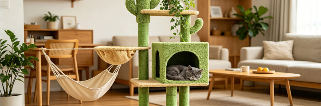 Wholesale custom cactus shaped plush cat tree, sisal scratching posts with enclosed condo and double hanging hammocks for pet shop and pet supplies
