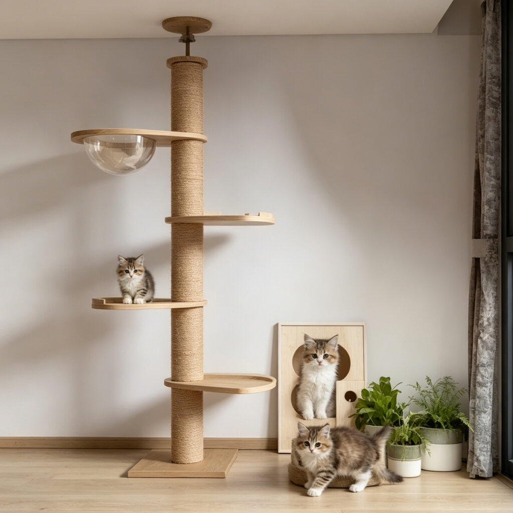 Wholesale custom floor-to-ceiling solid wood cat tree, sisal scratching post with transparent space capsule nest multi resting platforms for pet shop and pet supplies