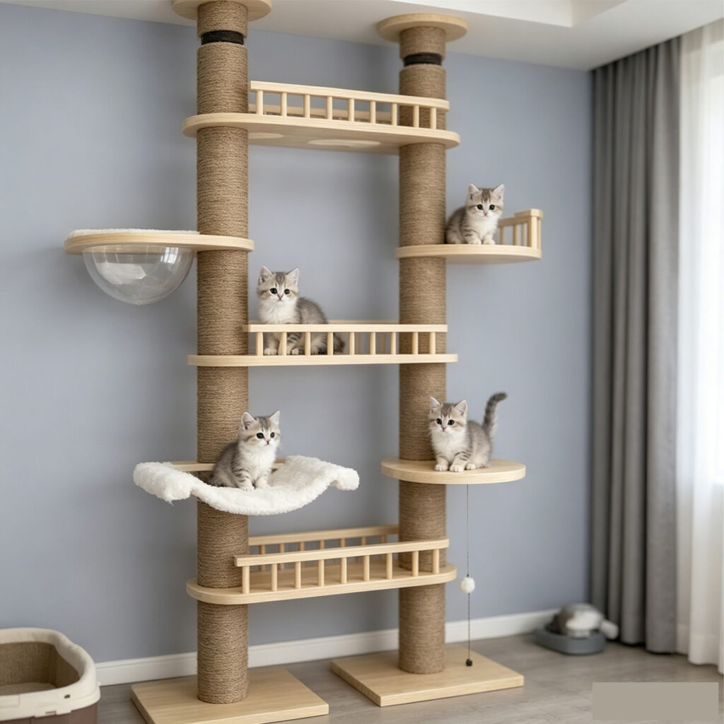SZHD-SP6001-07 Floor-to-Ceiling Cat Tree with 3 Cats Playing, Multi-Level Wooden Cat Tower for Indoor Home