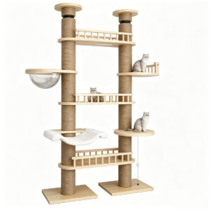 SZHD-SP6001-07 Floor to Ceiling Cat Tree, 255-265cm Tall Wooden Cat Tower with Multi-Level Platforms, Hammock, Sisal Scratching Posts