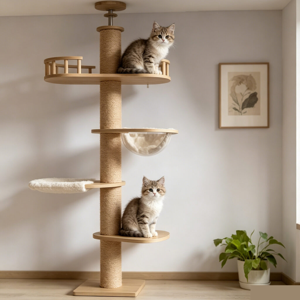 Wholesale custom floor to ceiling solid wood cat tree, sisal scratching post with plush bubble hammock multi perches for pet shop and pet supplies