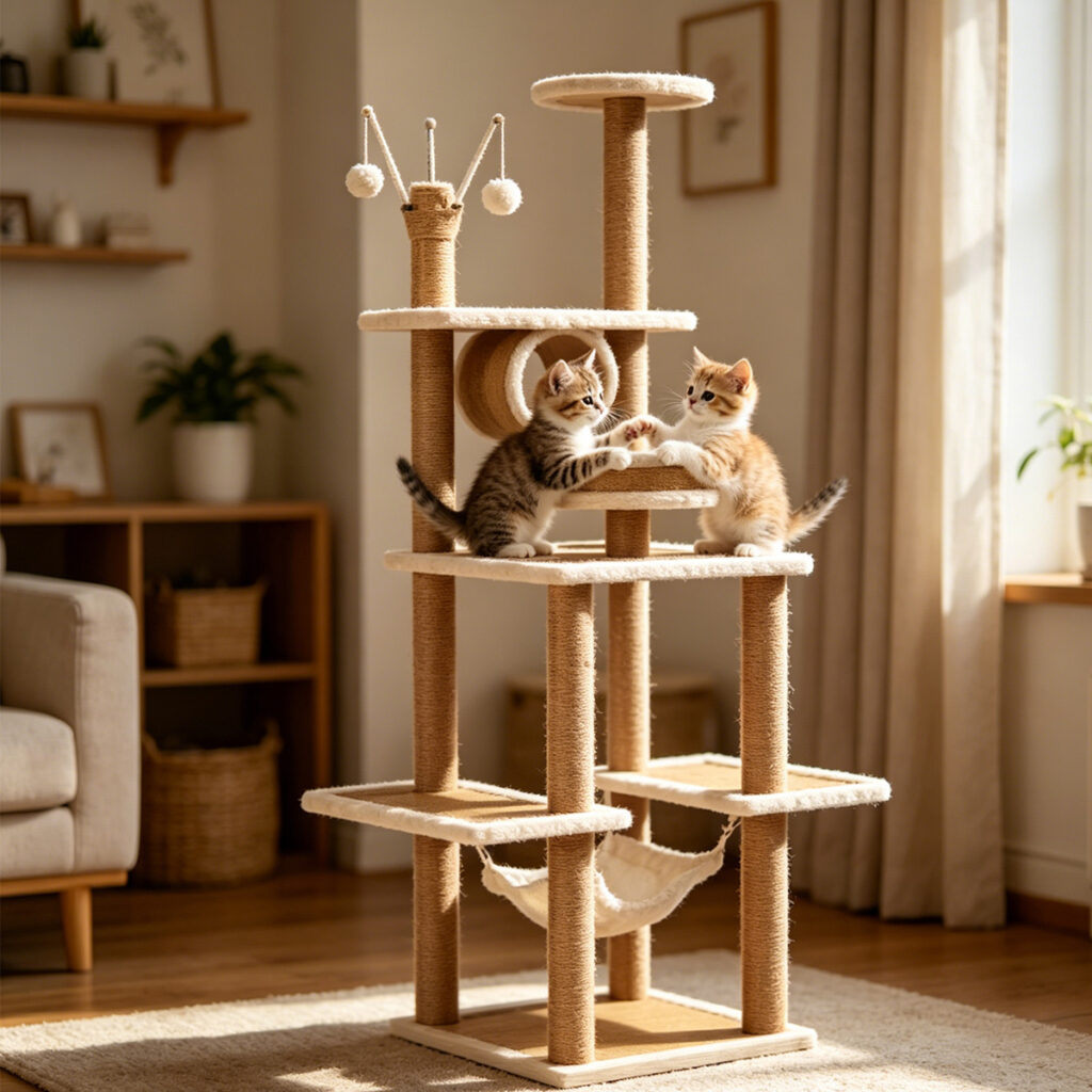SZHD-SP2001-07 Tall Multi-Level Cat Tree with 2 Cats Playing & Napping in a Cozy Living Room