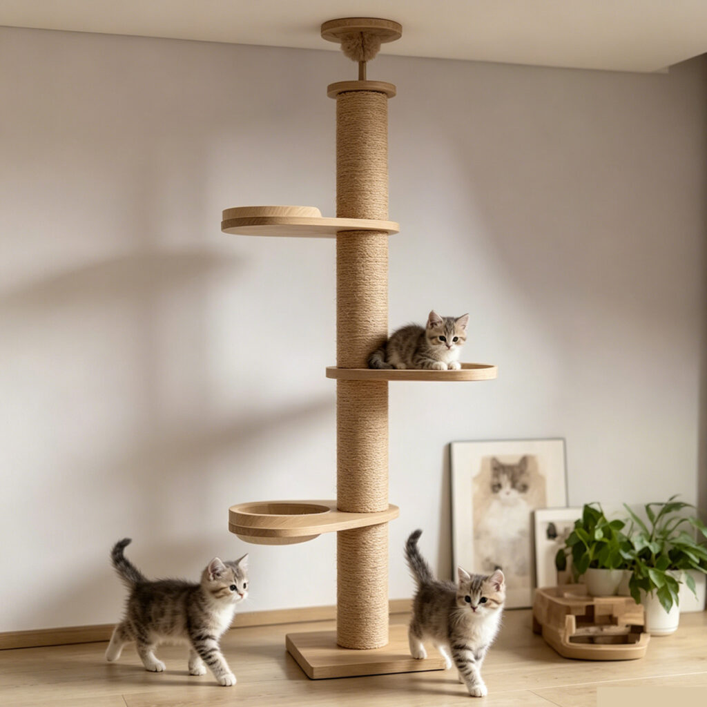 SZHD-SP6001-09 Floor-to-Ceiling Cat Tree, two cats using the jumping platforms in a living room