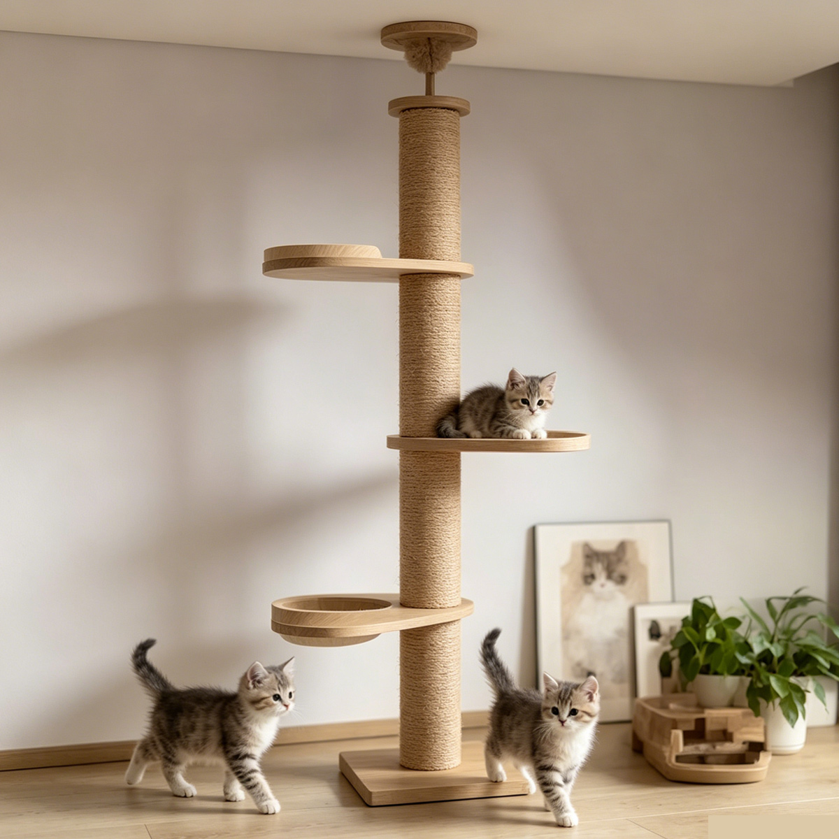 SZHD-SP6001-09 Floor-to-Ceiling Cat Tree, two cats using the jumping platforms in a living room