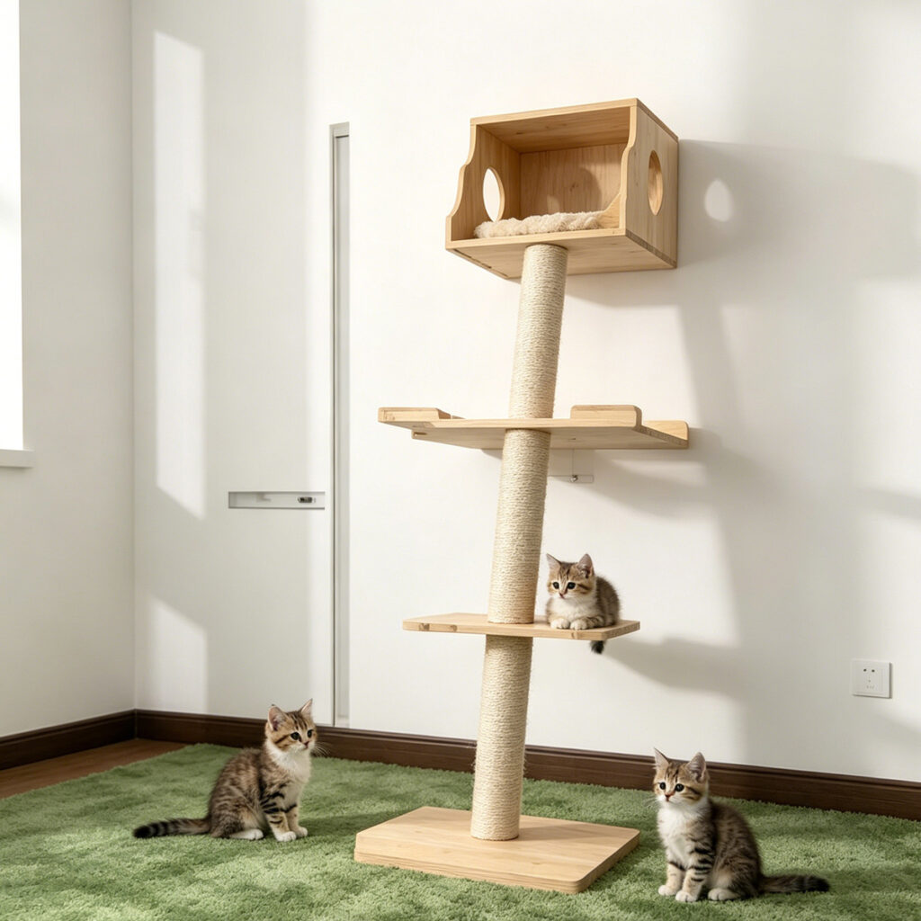Wholesale custom multi-level solid wood cat tree tower, sisal scratching posts with layered platforms for pet shop and pet supplies