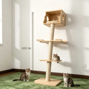 SZHD-SP6001-10 Multi-Level Solid Wood Cat Tree Tower with Cats Playing, Cat Activity Center with Condo and Platforms