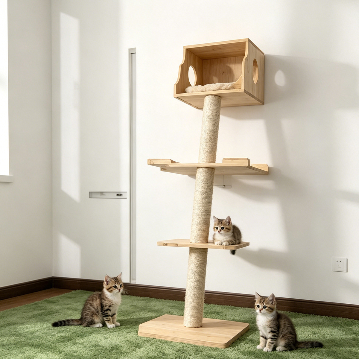 Wholesale custom multi-level solid wood cat tree tower, sisal scratching posts with layered platforms for pet shop and pet supplies