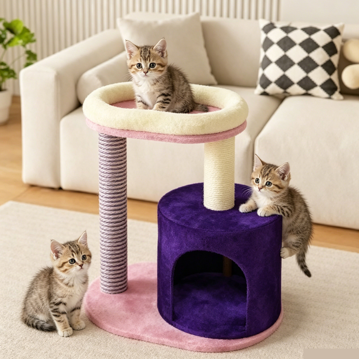 SZHD-SP7001-01 Compact Cat Tree with Kittens Playing, Multi-Level Cat Condo with Scratching Post for Indoor Cats