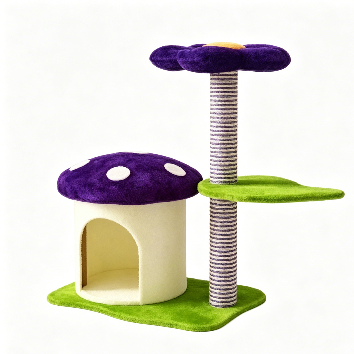 Wholesale custom mushroom-shaped melamine cat tree, plush sisal scratching post with flower perch for pet shop and pet supplies