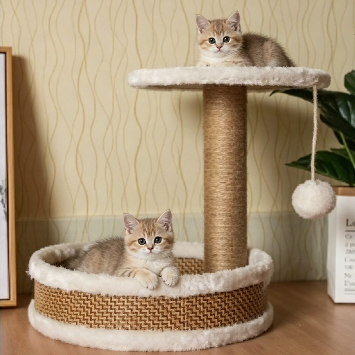Wholesale Custom Compact Cat Tree, New China Design, Natural Sisal Post, Fleece Edge Woven Round Bed, Hanging Pom-pom Toy, Warm Indoor Living Room Lifestyle Photo with One Cream Kitten