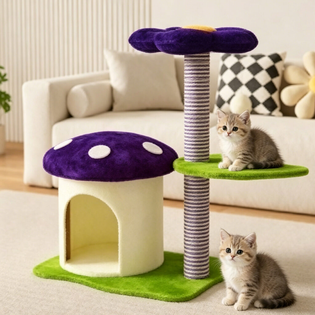 Mushroom cat tree with flower perch and two kittens playing in living room
