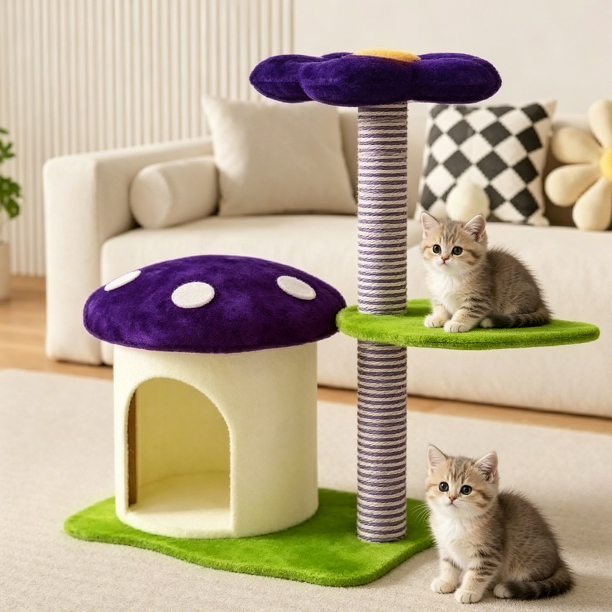 Wholesale custom mushroom cat tree, plush sisal scratching tower with flower perch for pet shop and pet supplies