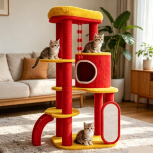 Festive red-yellow cat tree with three kittens playing in a cozy living room