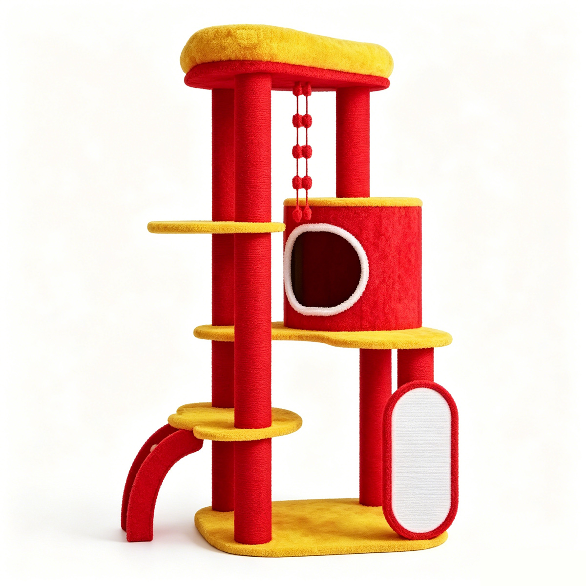Red and yellow Chinese New Year cat tree with condo, multi-level perches and scratching board