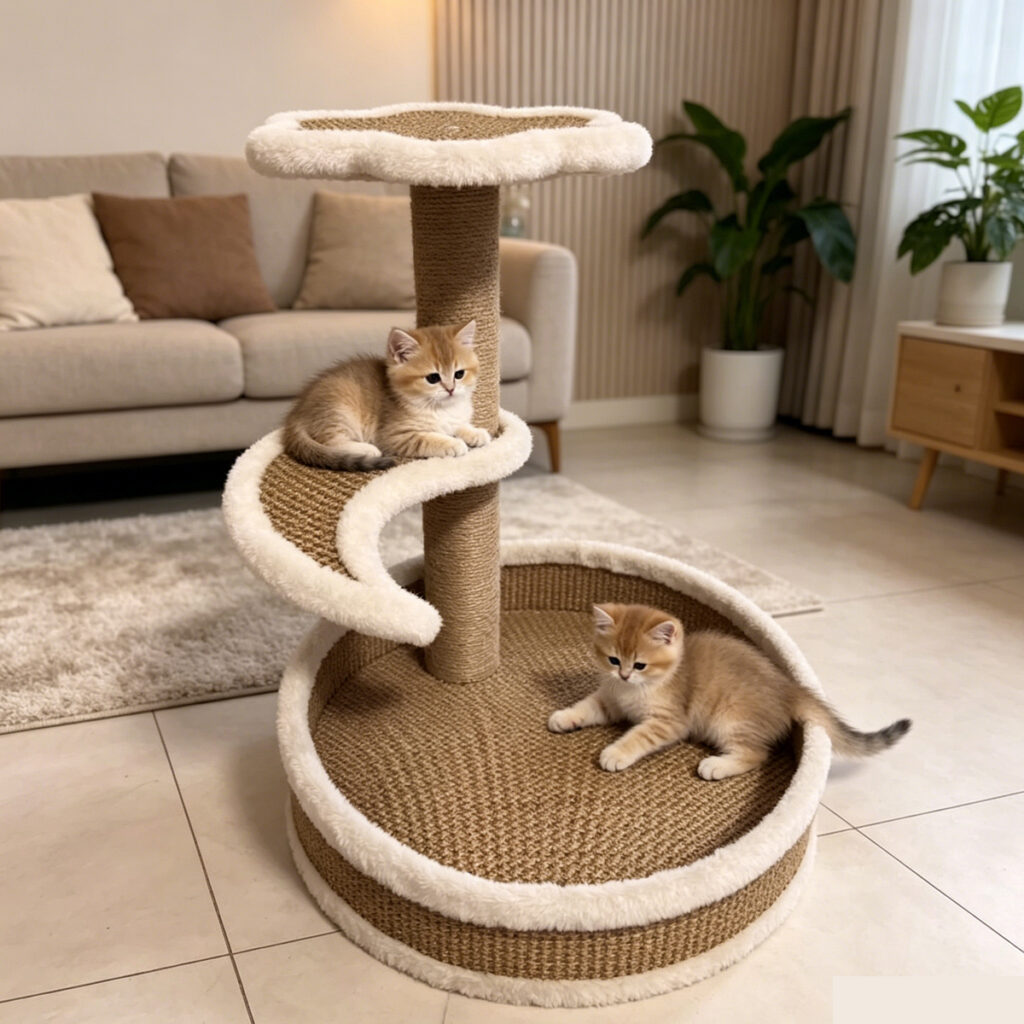 Wholesale Custom Compact Cat Tree, New China Design, Natural Sisal Post, Spiral Woven Step, Fleece Edge Round Woven Bed, Warm Living Room Lifestyle Photo with Two Cream Kittens