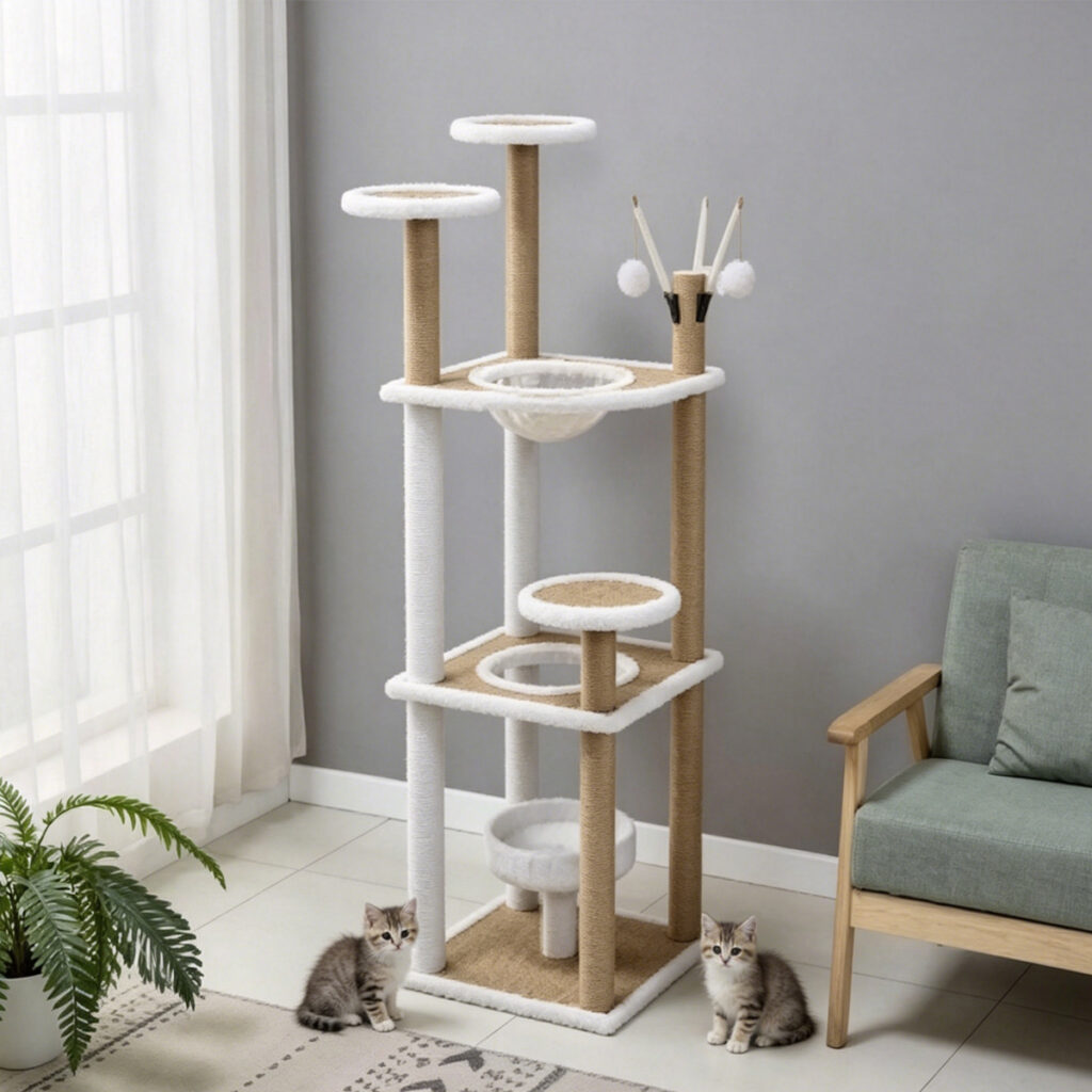 Wholesale Custom Tall Multi-level Cat Tree, New China Design, Plush Capsule Bed, Dual-tone Sisal Posts, Multi Round Perches, Cozy Indoor Living Room Lifestyle Photo with Two Tabby Kittens